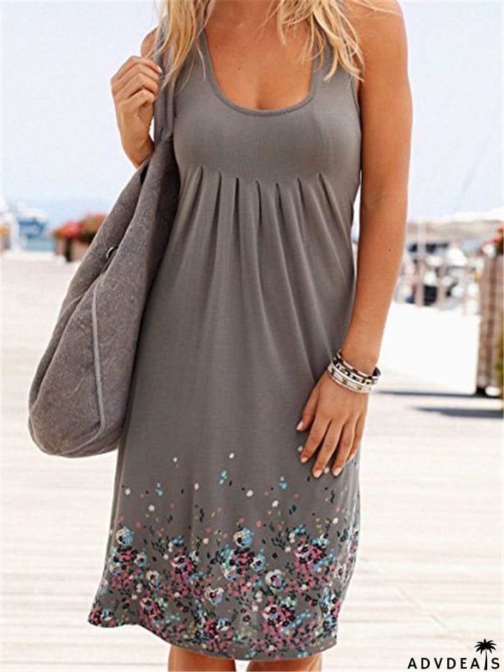 Comfy Loose Floral Print O-Neck Sleeveless Dresses