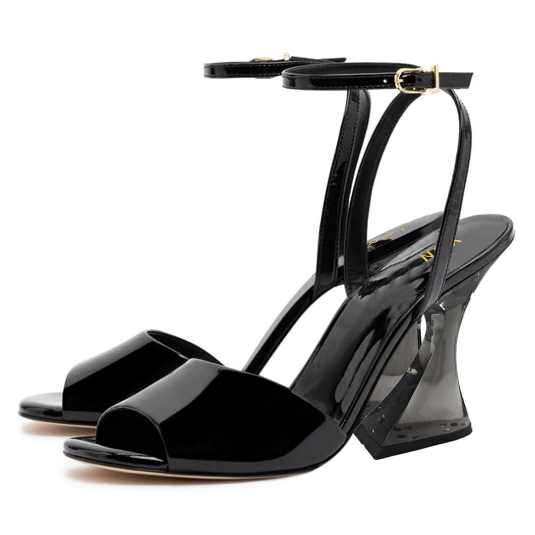 Black Patent Leather Open-Toe Transparent Flared Heel Women's Sandals