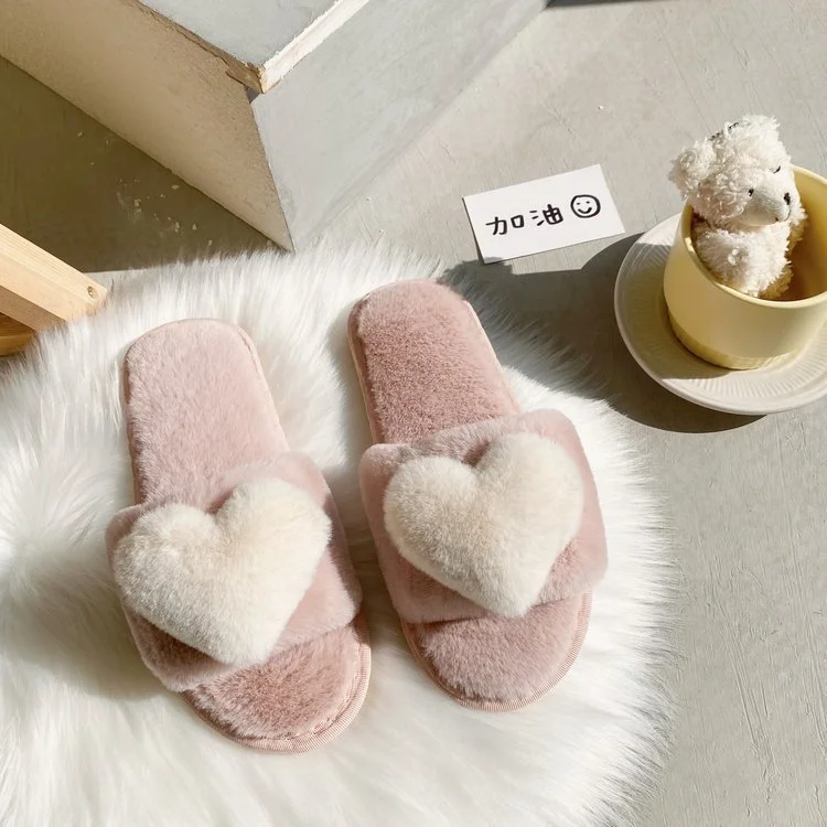 Wongn Wongn Slippers Women 2023 Winter New Korean Version Of Love Plush Warm Flat Cotton Slippers Home Slippers Women