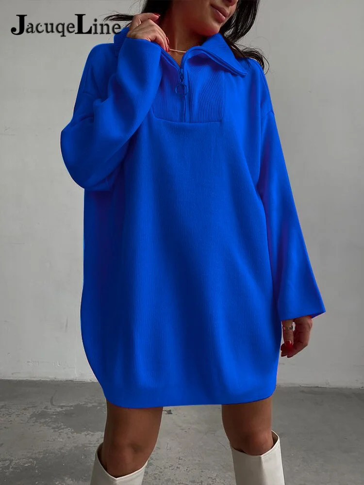 JacuqeLine 2021 Autumn Winter Zipper Mini Knitted Women's Dress Sweater Oversize Long Sleeve Y2K Top Party Woman Clothes Dresses