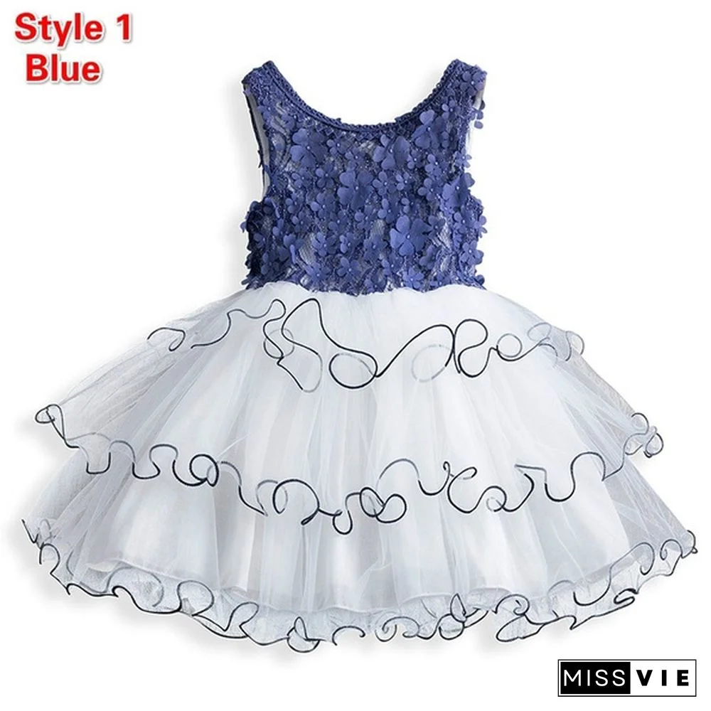 Girl's Fashion Backless Dress Appliques Flower Clothes Layered Mesh Princess Dress for Summer Beach Casual Wear 2 Styles