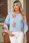 Women's Elegant Blue Floral Print Button Cuffed 3/4 Sleeve Round Neck Blouse