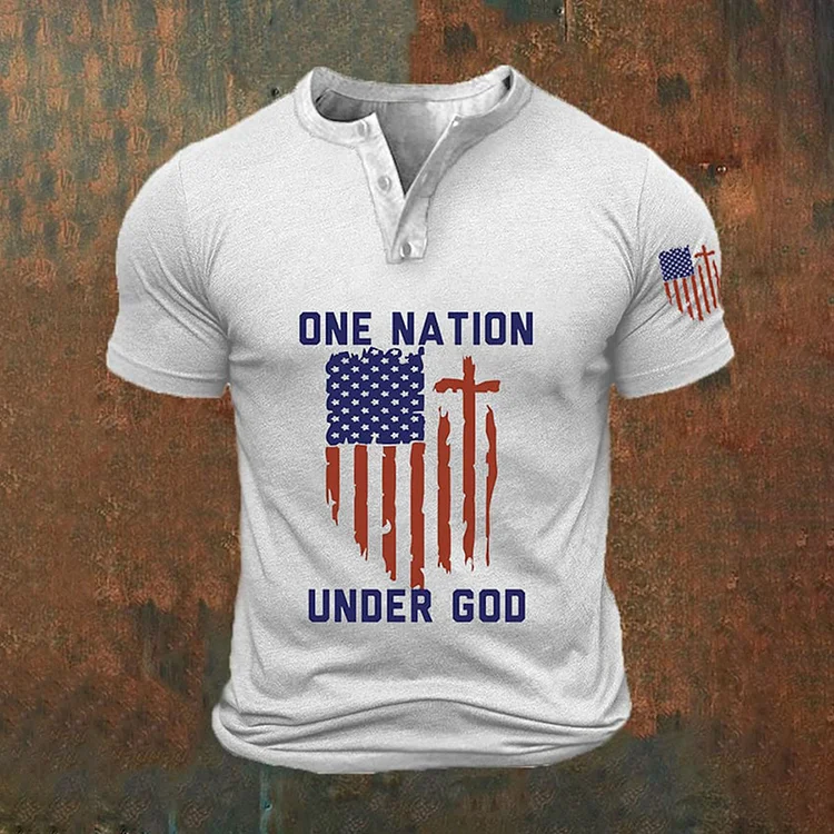 Comstylish Men's Vintage Independence Day  One Nation Under God Print Buttons Neck Top