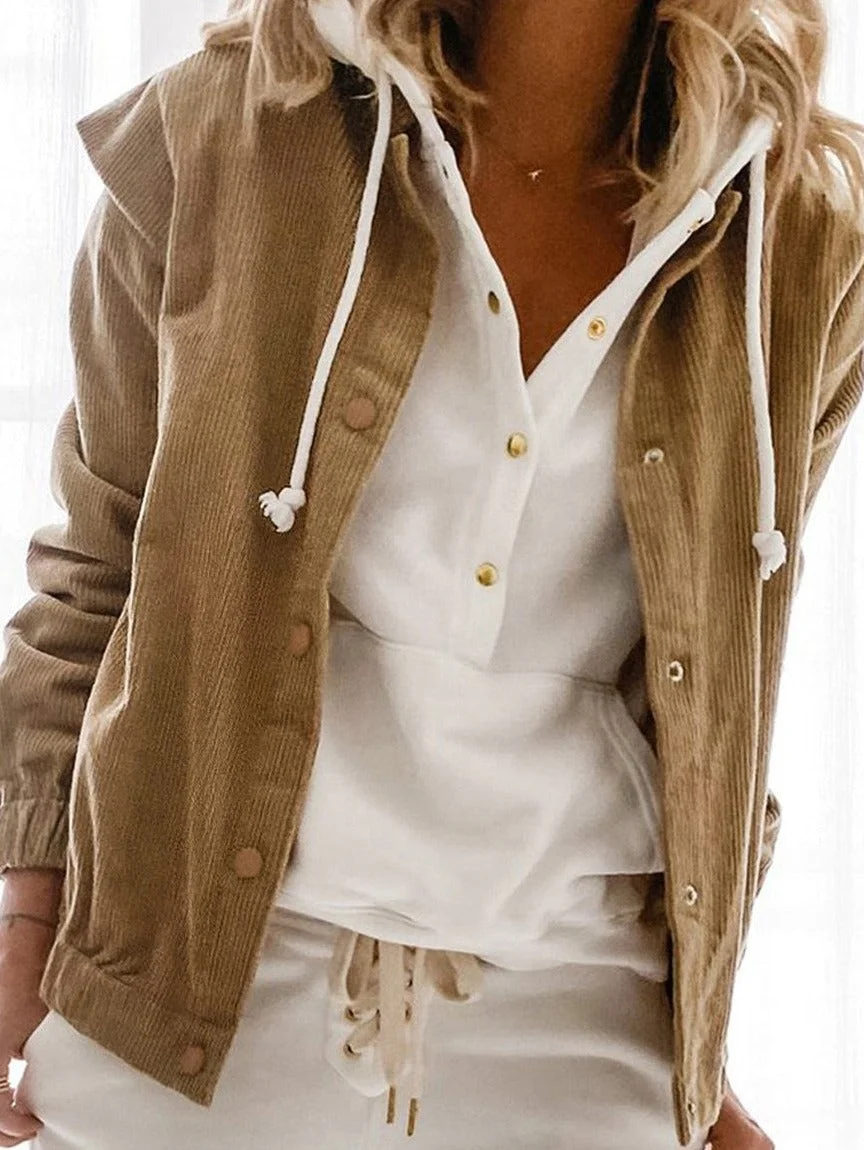 Casual Solid Color Corduroy Loose Long-sleeved Stand-up Collar Coat | EGEMISS