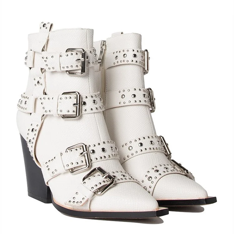 White Buckles Studded Cowgirl Boots Block Heel Ankle Boots |FSJ Shoes
