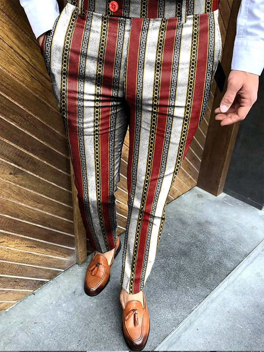 Casual Retro Striped Printed Contrast Color Men's Suit Pants