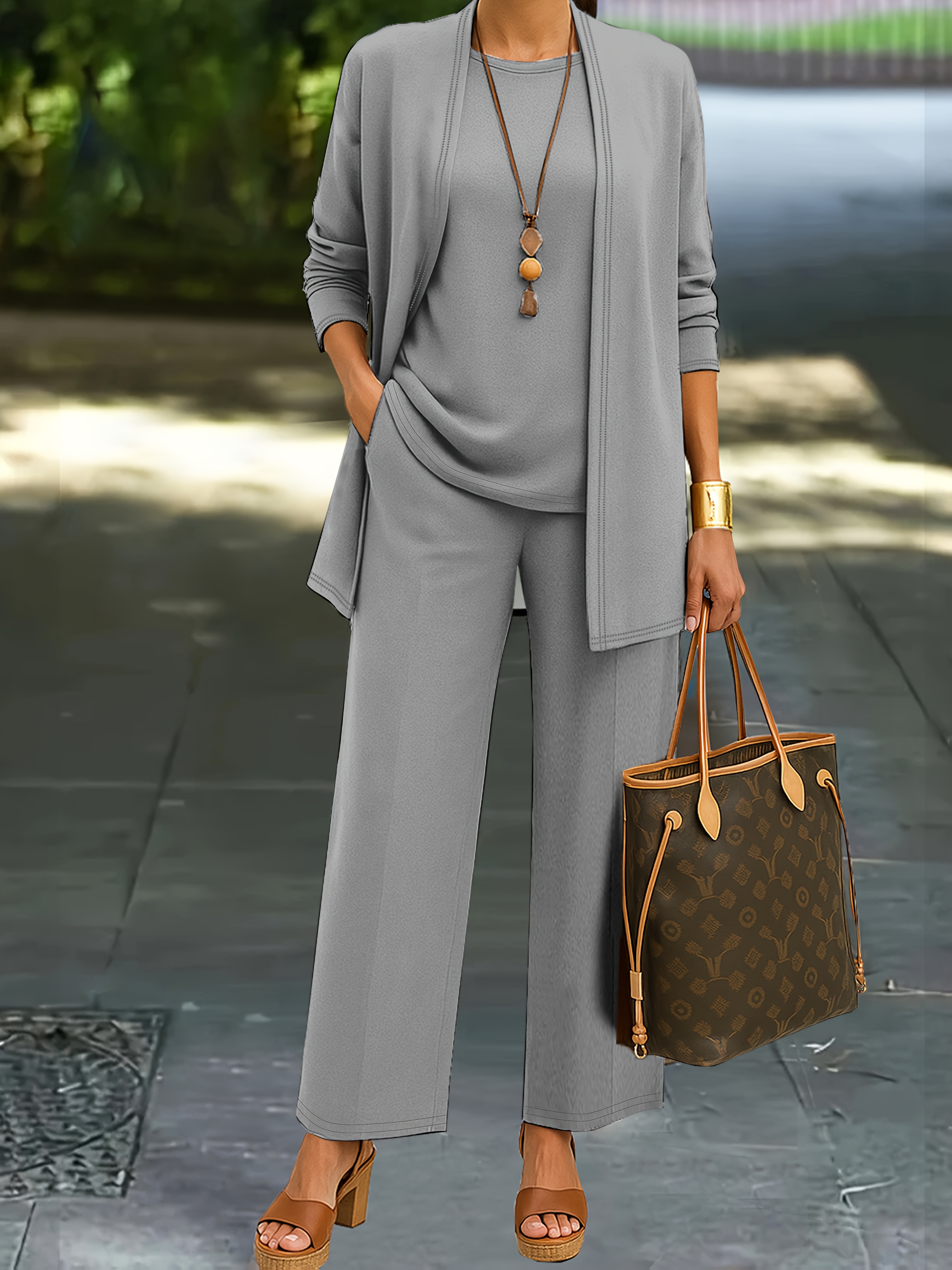 Spring-Summer Three-Piece Set: Solid Color Long Sleeve Jacket, Vest, And Pants For Women