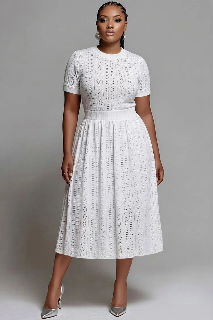 Xpluswear Design Plus Size Vacation White Round Neck Short Sleeve Cut Out Midi Dresses 2024 - Xpluswear