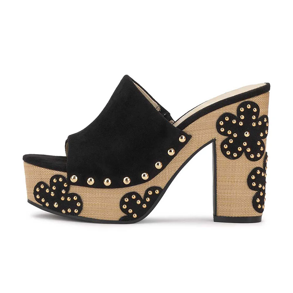 Black Open-Toe Chunky Heel Studded Flower Slides with Platform