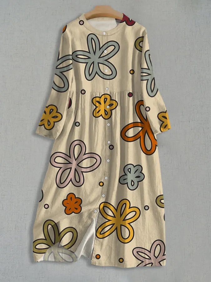 Women's Art Botanical Floral Print Single Breasted Dress