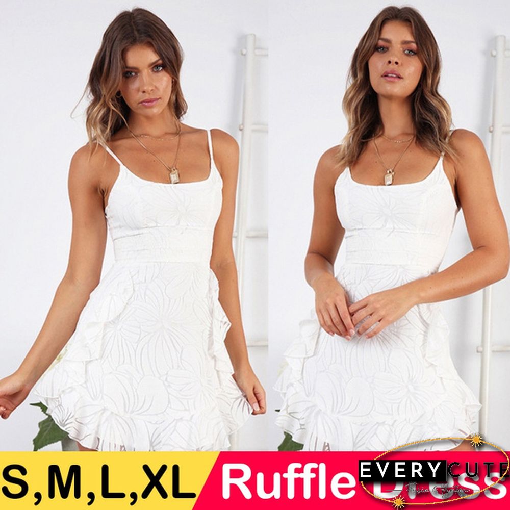 Summer Dress Sleeveless Spaghetti Strap Mini Ruffle Dress Women White Elegant Party Dress Vestidos
