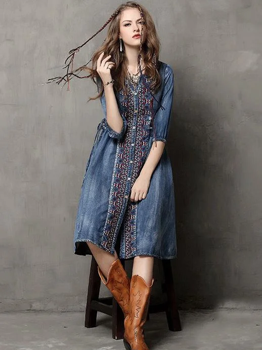 Timeless Grandeur: Oversized Embroidered Denim Dress with Vintage Charm