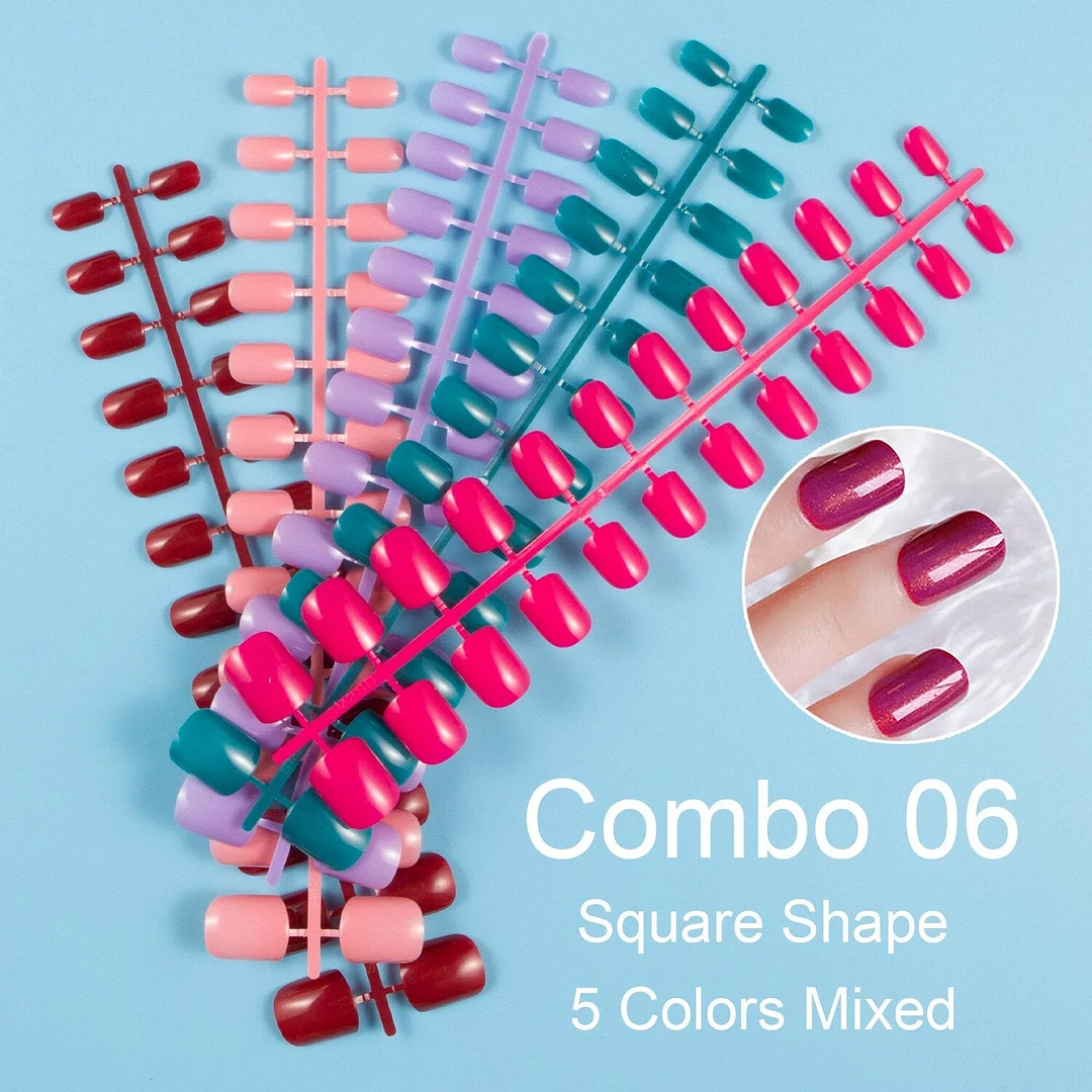 24 Pieces/Set, 5 Sets Mixed Colors Short Square False Nail Tips Press on Fake Nail Tips 10 Sizes Full Cover Nails Combo 09-Nail Inspo