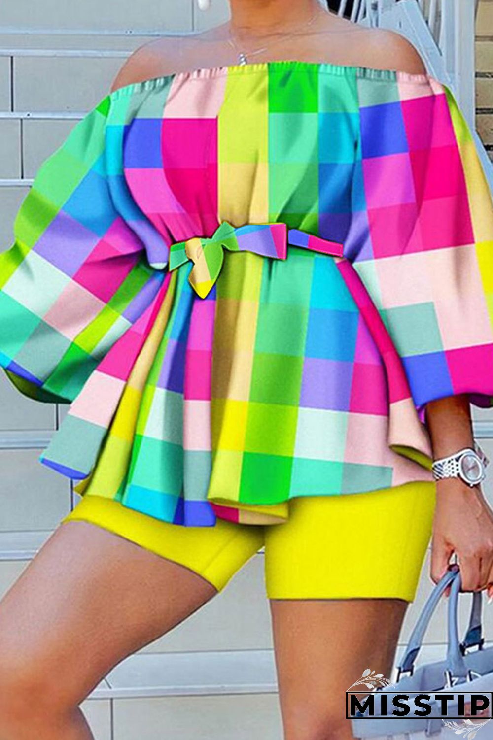Green Yellow Casual Print Patchwork Off the Shoulder Long Sleeve Two Pieces