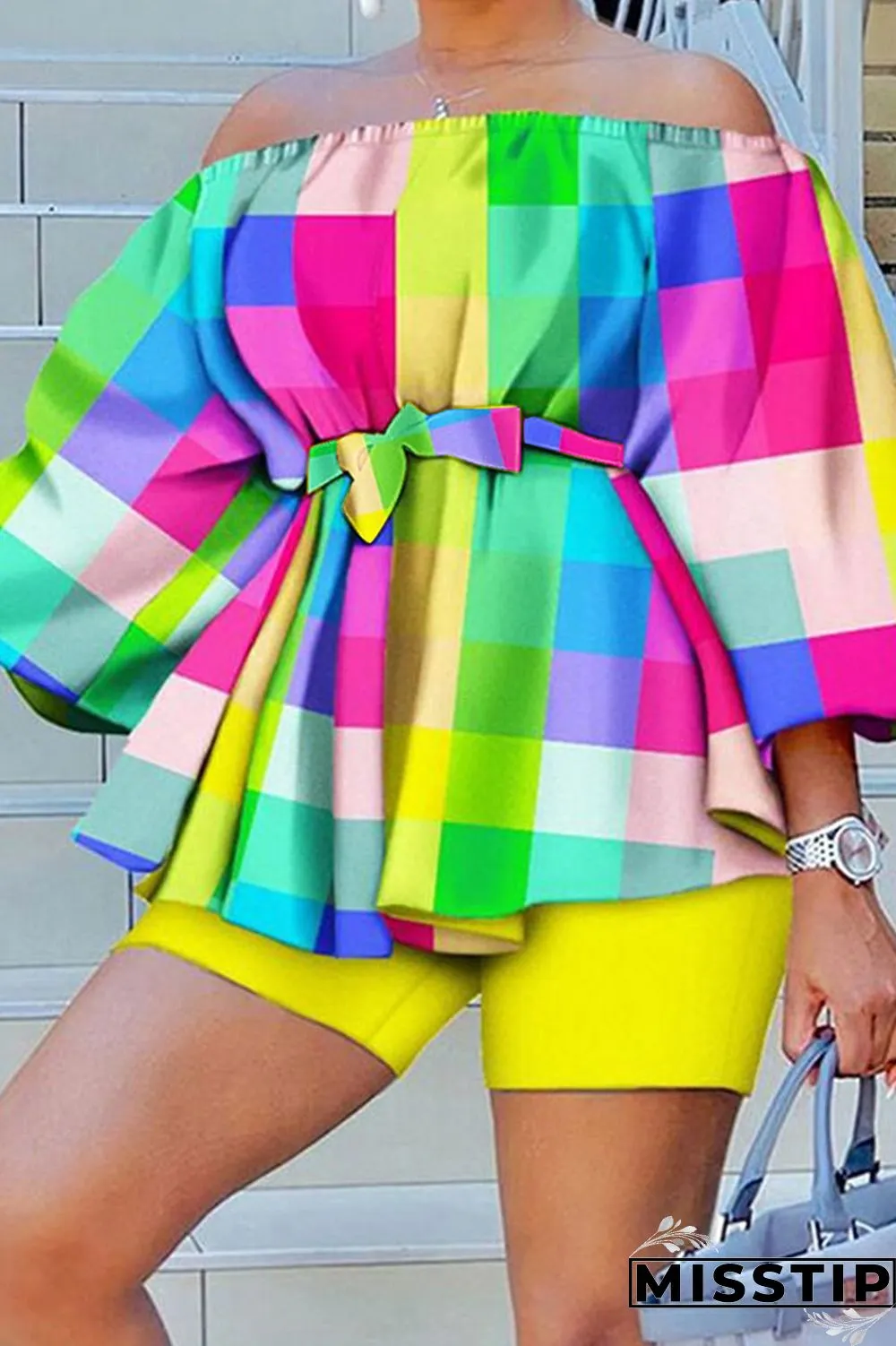 Green Yellow Casual Print Patchwork Off the Shoulder Long Sleeve Two Pieces