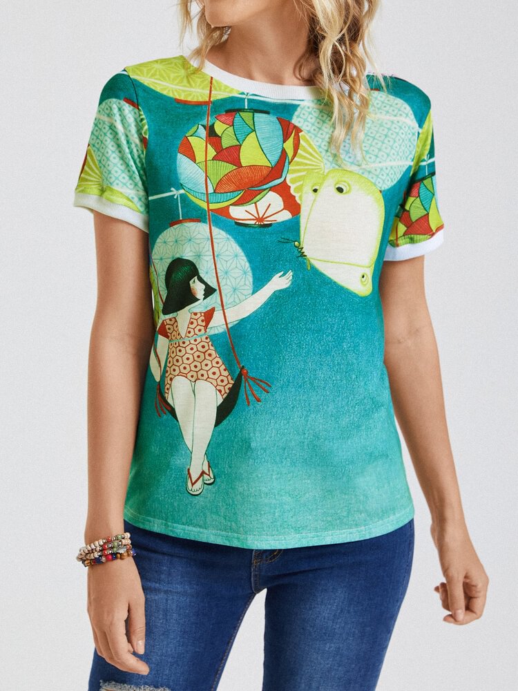Cartoon Print O neck Short Sleeve Casual T Shirt For Women P1838069