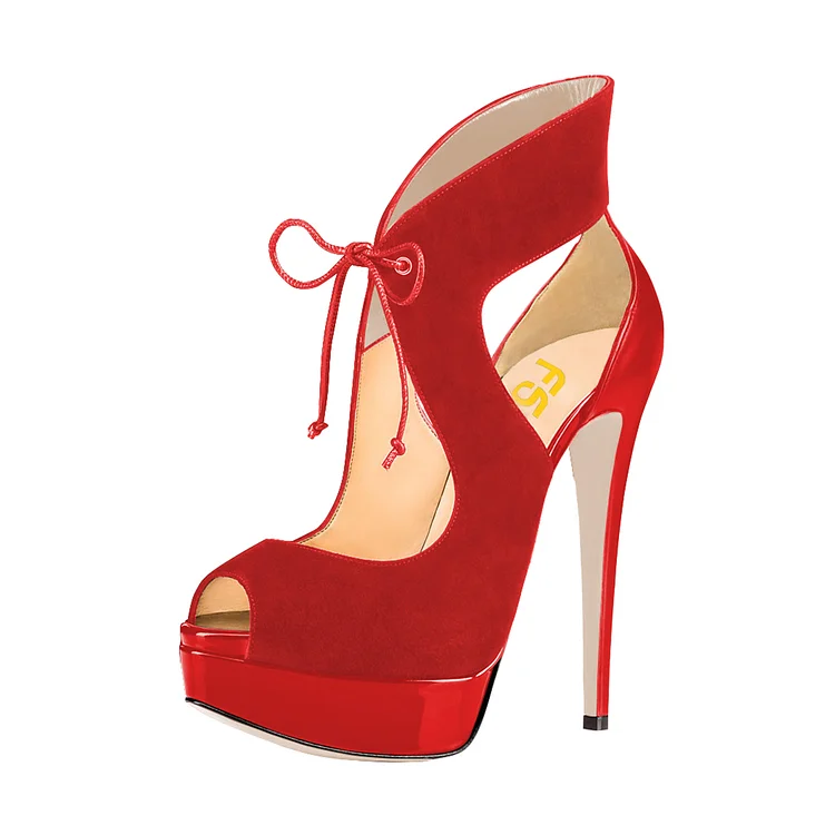 Red Platform Sandals Lace Up Key Hole High Heel Shoes |FSJ Shoes