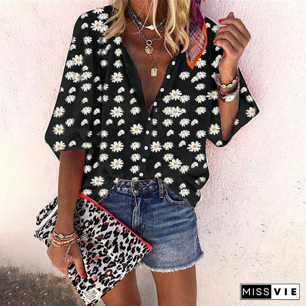 Lapel Chiffon Flower Printed Shirt