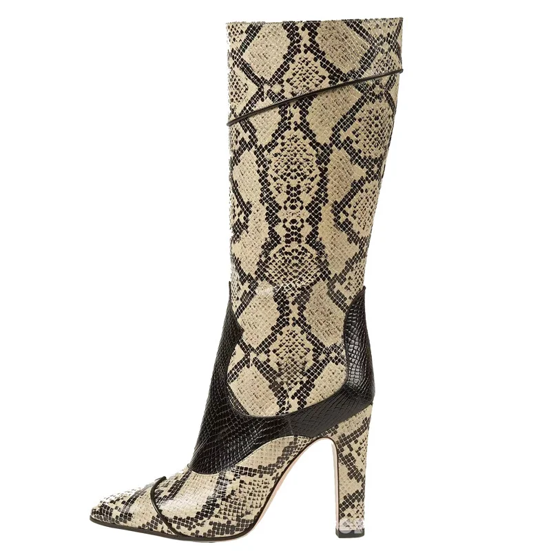 Novameme Women's Retro Python Pointed Toe Chunky High Heel Side Zipper Printed Knee High Boots