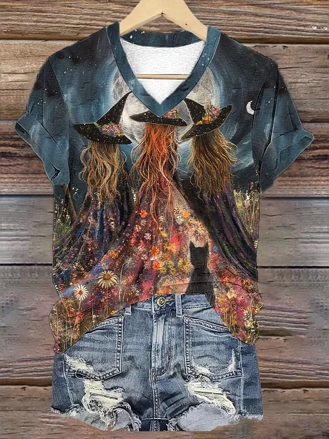 Womens Witch And Flowers Under The Full Moon Art Print T-Shirt