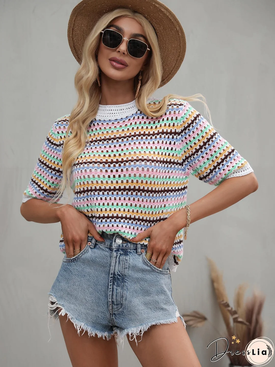 SAYLOR STRIPPED HALF SLEEVE KNIT TOP