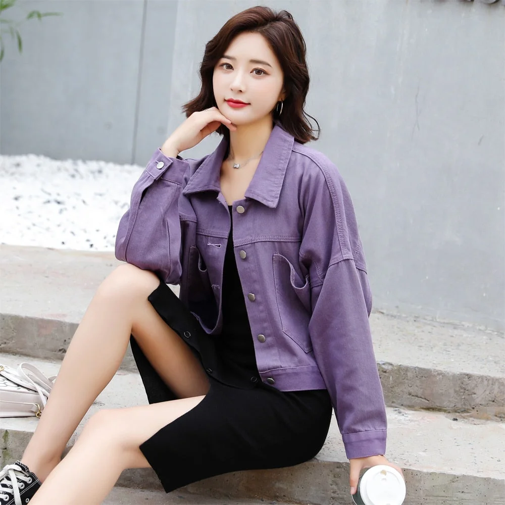 Women Jean Jacket Denim Coat Outerwear Big Pockets Lady Jeans Jackets Female Purple Pink Basic Casual Ladies Autumn Outer Coats