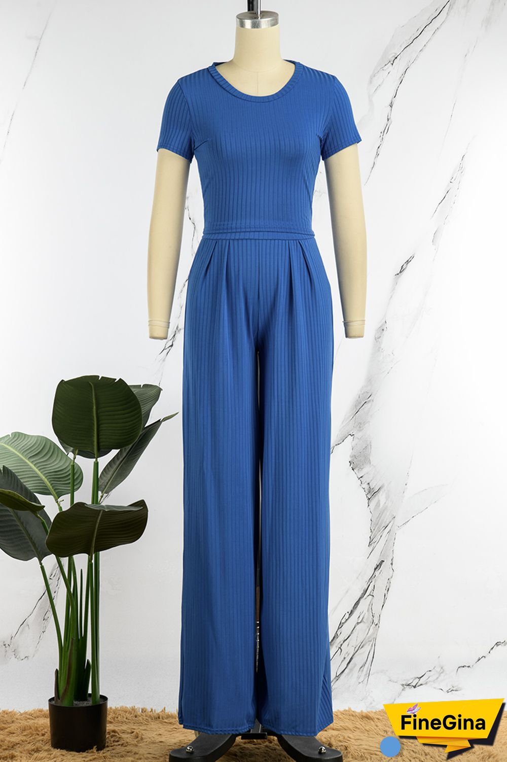 Blue Casual Solid Basic O Neck Short Sleeve Two Pieces