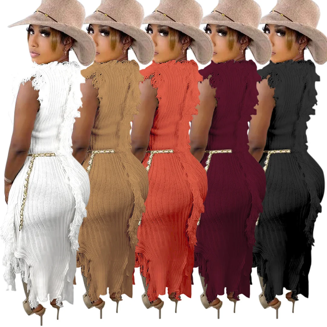 Woherb Woherb New Women's Casual And Versatile Pure Color Knitting Sleeveless Tassel Dress-Outfit Ideas