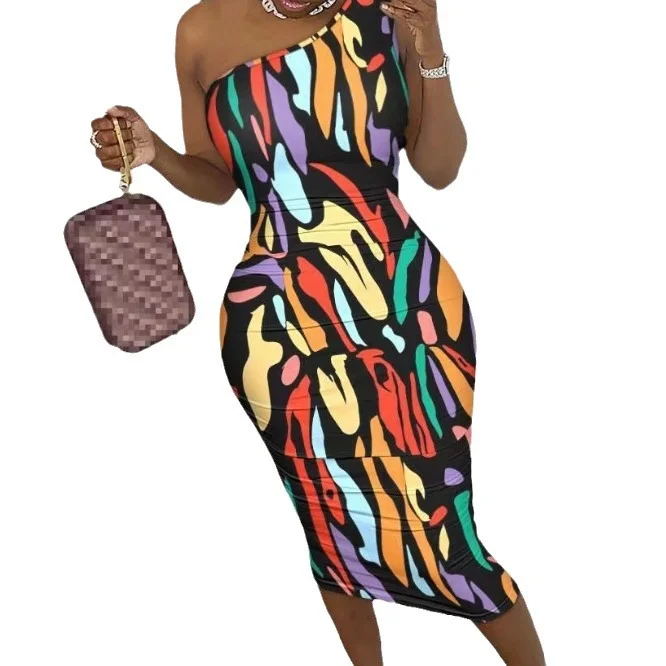 Wongn Wongn Women's Dress Elegant Diagonal Shoulder Print Hollow Out Back Tight Hip Dress