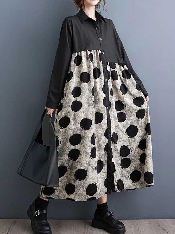 Asymmetric Buttoned Polka-Dot Split-Joint A-Line Long Sleeves Lapel ...