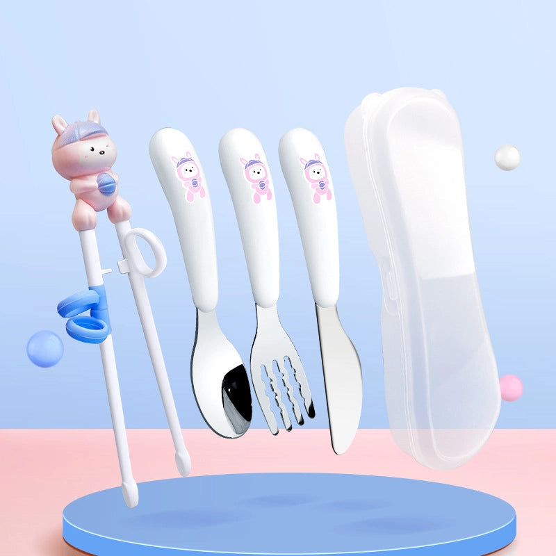 Maternal And Infant Products Portable Feeding Children’s Tableware Set Cartoon Learning Chopsticks Training Chopsticks 304 Stainless Steel Spoon Fork