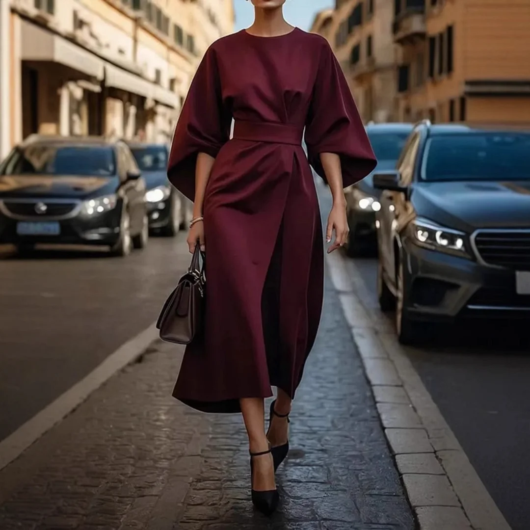 Nigikala Nigikala Women's Fashion Temperament Elegant Solid Color Waist Dress Casual Bat Sleeve Dress