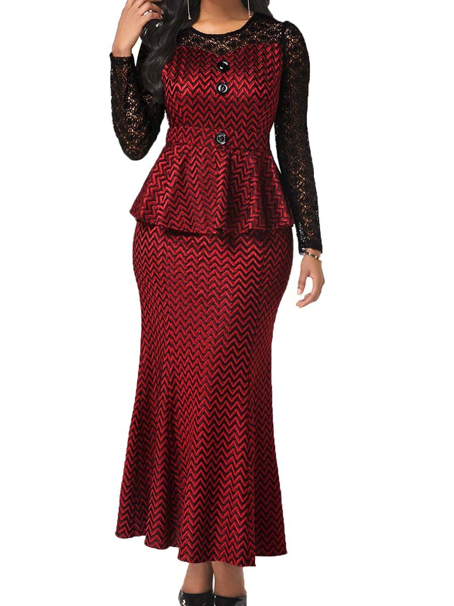 Two Pieces Dress Round Neck Long Sleeve Lace Patchwork Maxi Bodycon Dresses