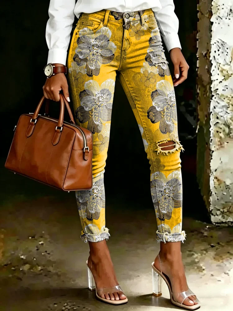 Women's Vintage Floral Totem Print Casual High-waisted Ripped Skinny Jeans