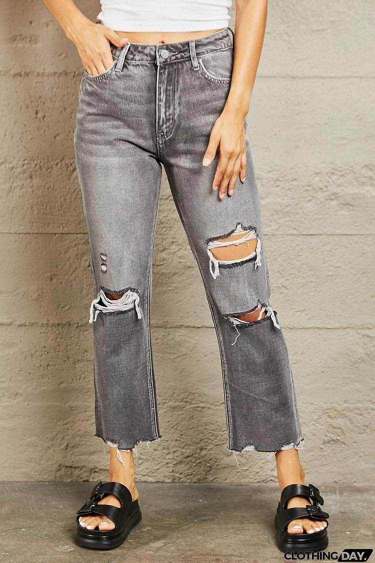 BAYEAS Mid Rise Distressed Cropped Dad Jeans