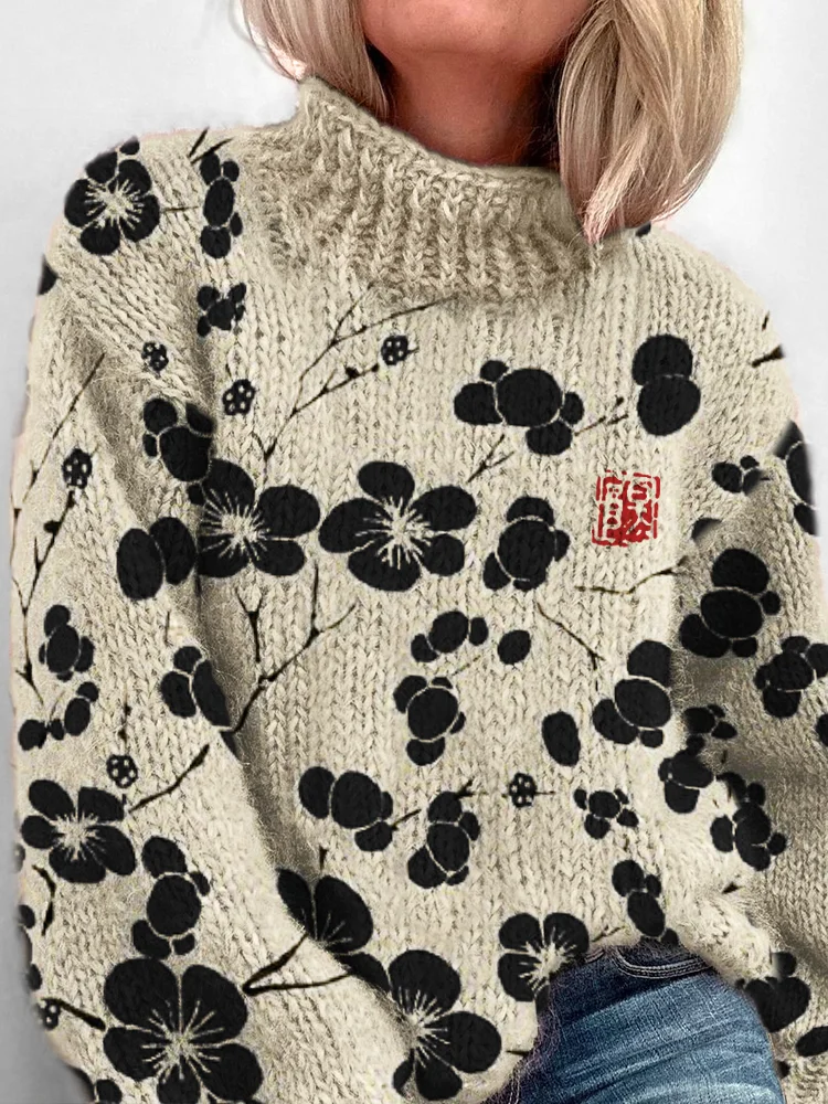 Cherry Blossom Japanese Lino Pattern Cozy Turtleneck Sweater