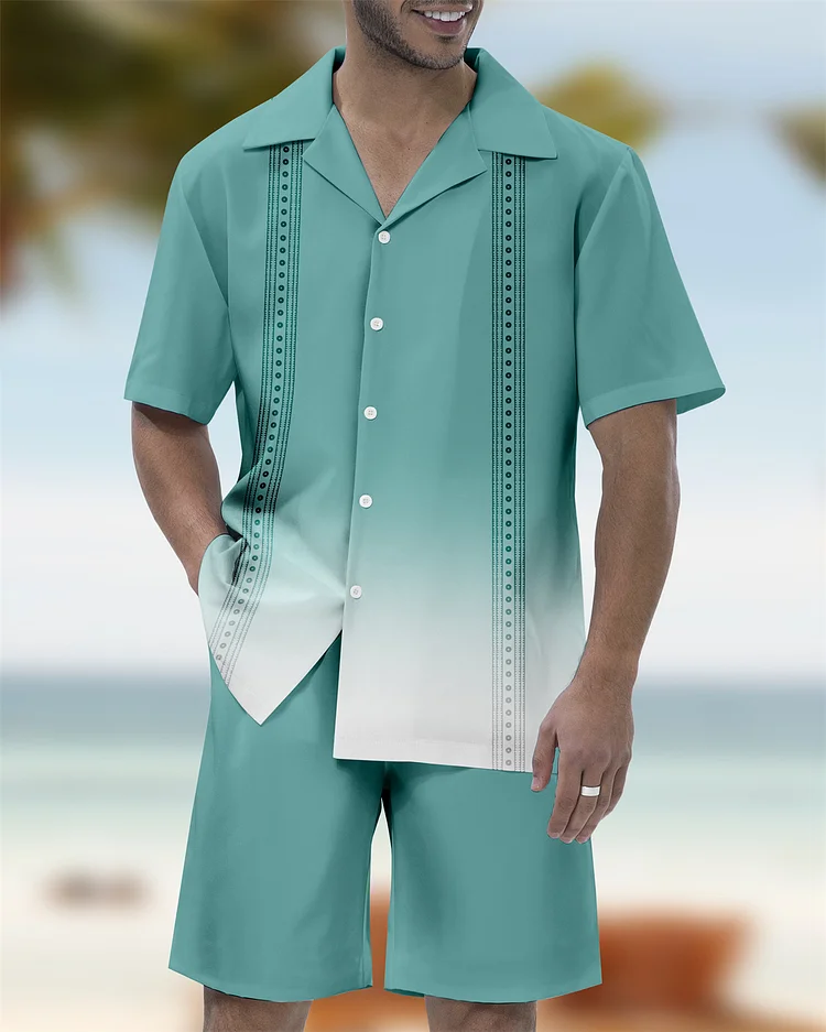 Men's Gradient Race Stripe Print Hawaiian Cuban Collar Short Sleeve Shirt Set