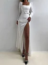 Square-Neck Long Sleeve Split-Side Solid Color Simple Maxi Dress