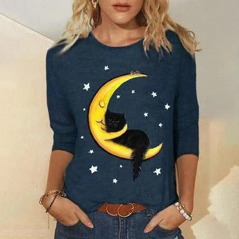 Good Night Cat Print Long Sleeve Casual T-Shirt