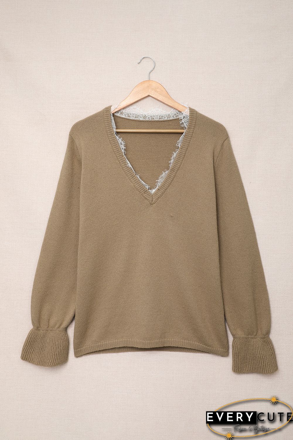 Khaki Eyelash V Neck Knitted Sweater