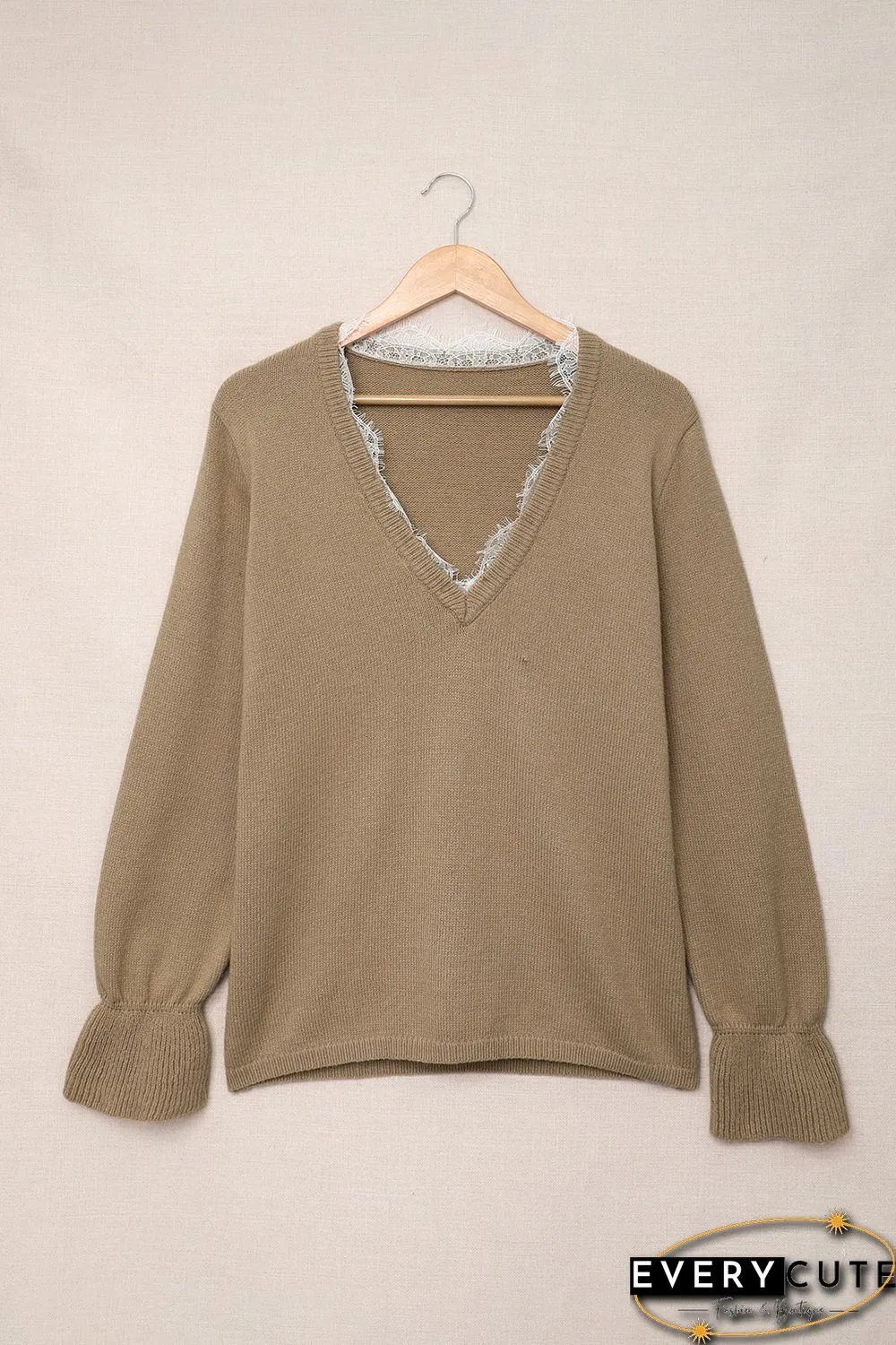 Khaki Eyelash V Neck Knitted Sweater