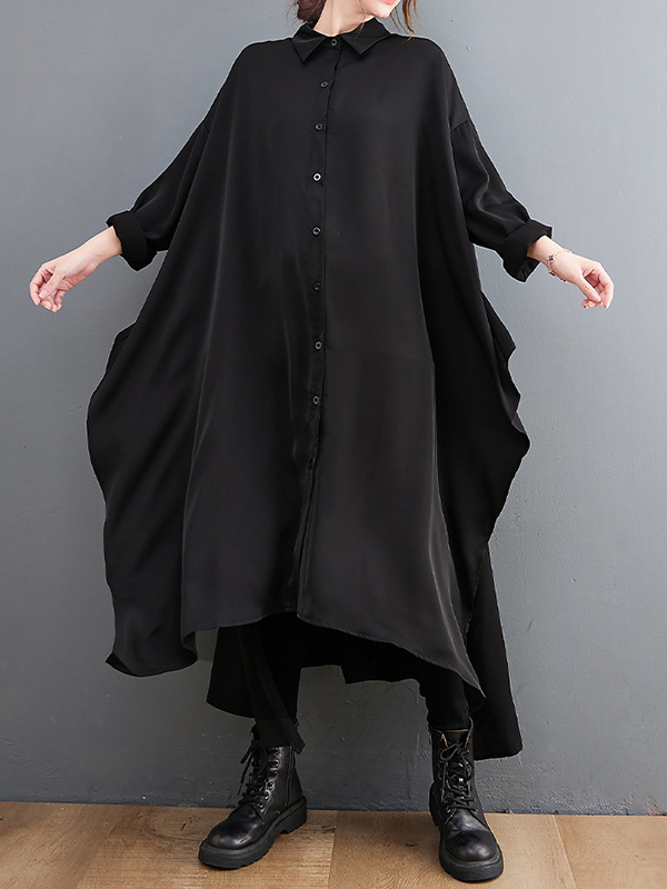 Loose Big Slit Irregular Shirt Midi Dress