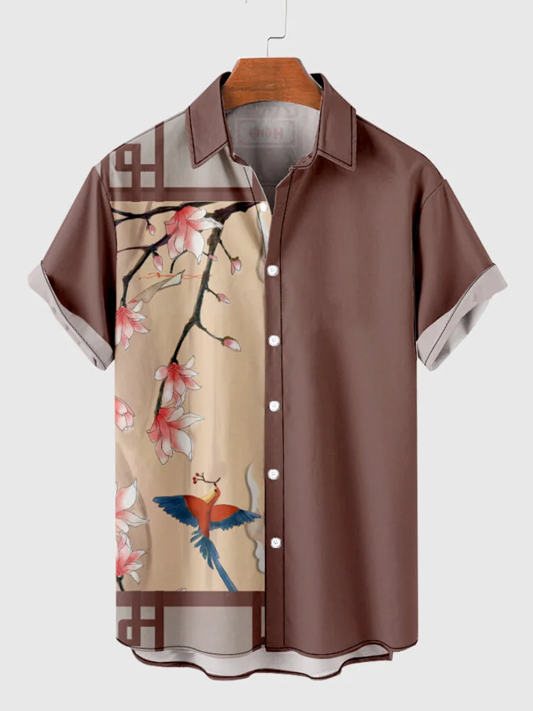 Traditional Chinese Painting and Dark-khaki Stitching Men's Short Sleeve Shirt