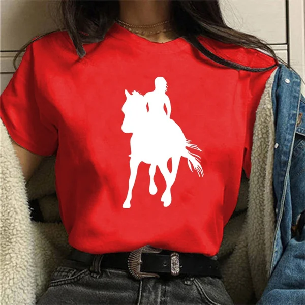 Cool Women&Horse Print Female Knight Shirts Womens Tops Casual Tees Shirts Women Blouse Graphic T-shirt Womens Dress Size S-3XL Ladies&Girl Shirt
