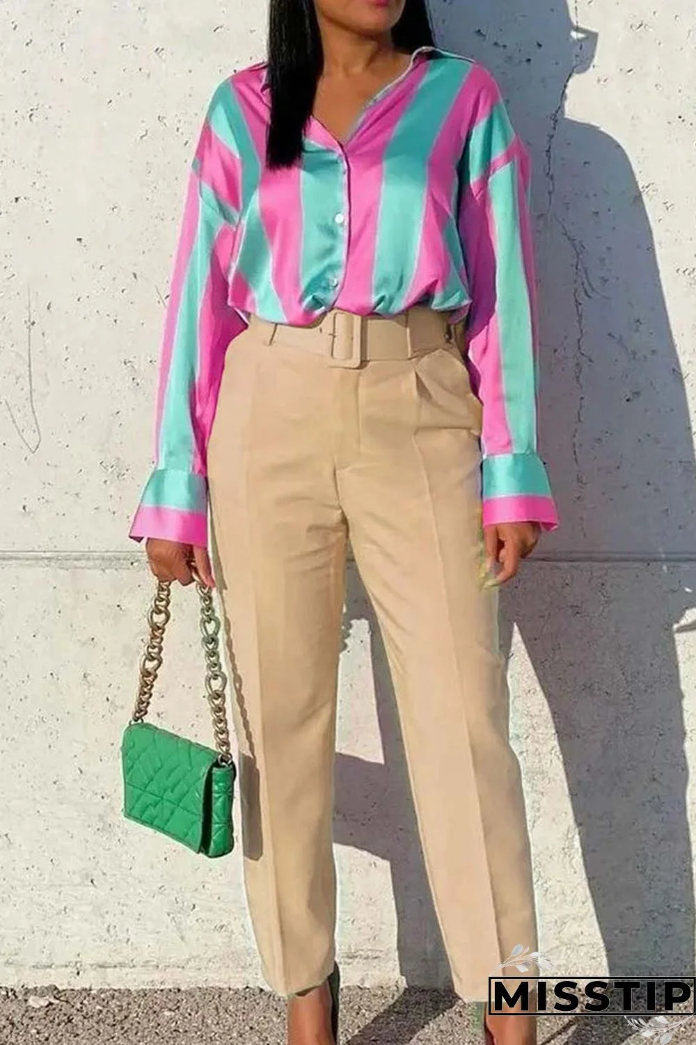 Pink Casual Solid Patchwork With Belt Regular High Waist Conventional Solid Color Trousers