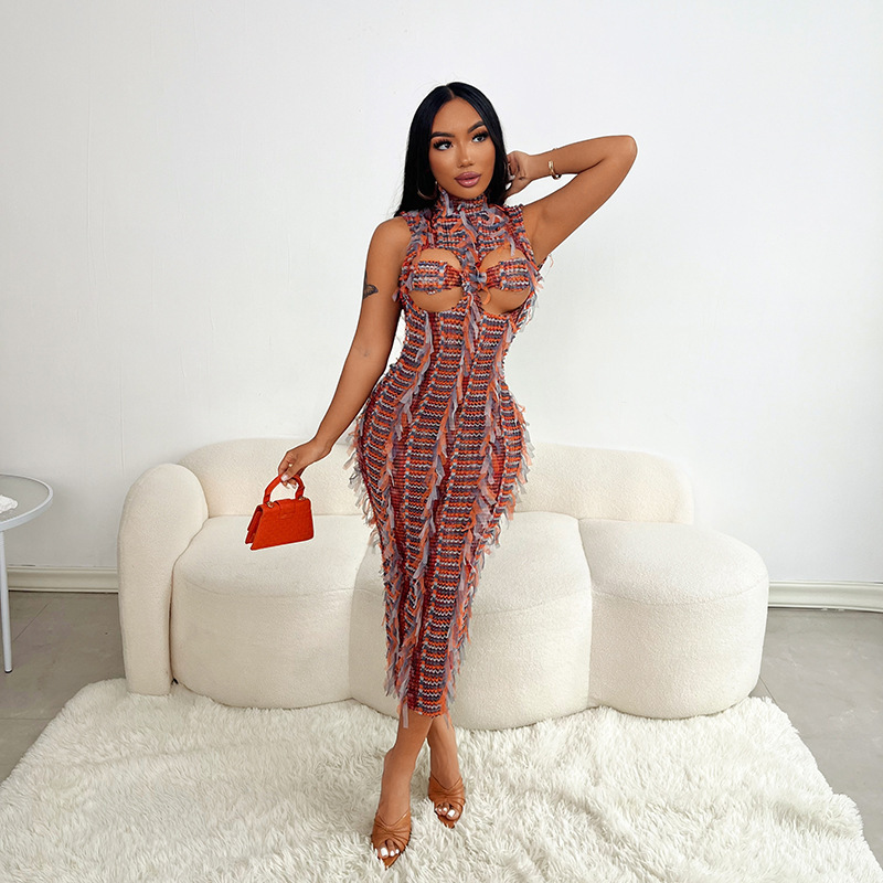 Ootddress Sexy Sleeveless Hollow Out Bodycon Long Dress For Women 2025 New Women High Neck Street Fashion High Waist Slim Vestidos