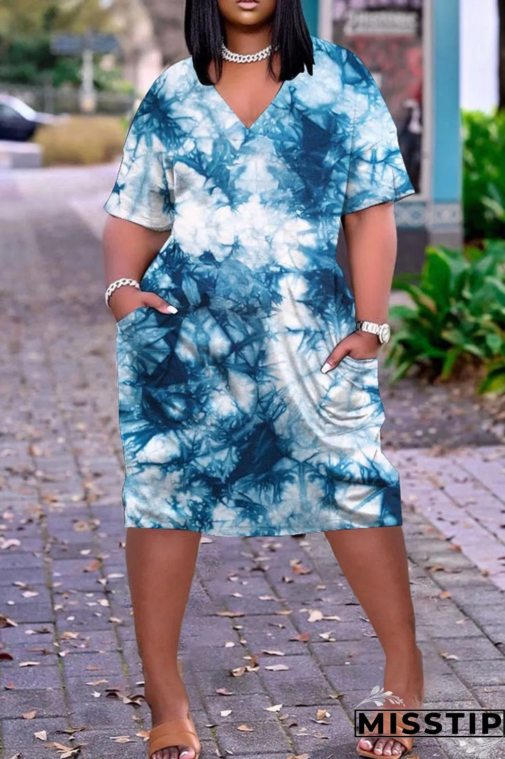 Blue Red Fashion Casual Print Tie-dye V Neck Short Sleeve Dress