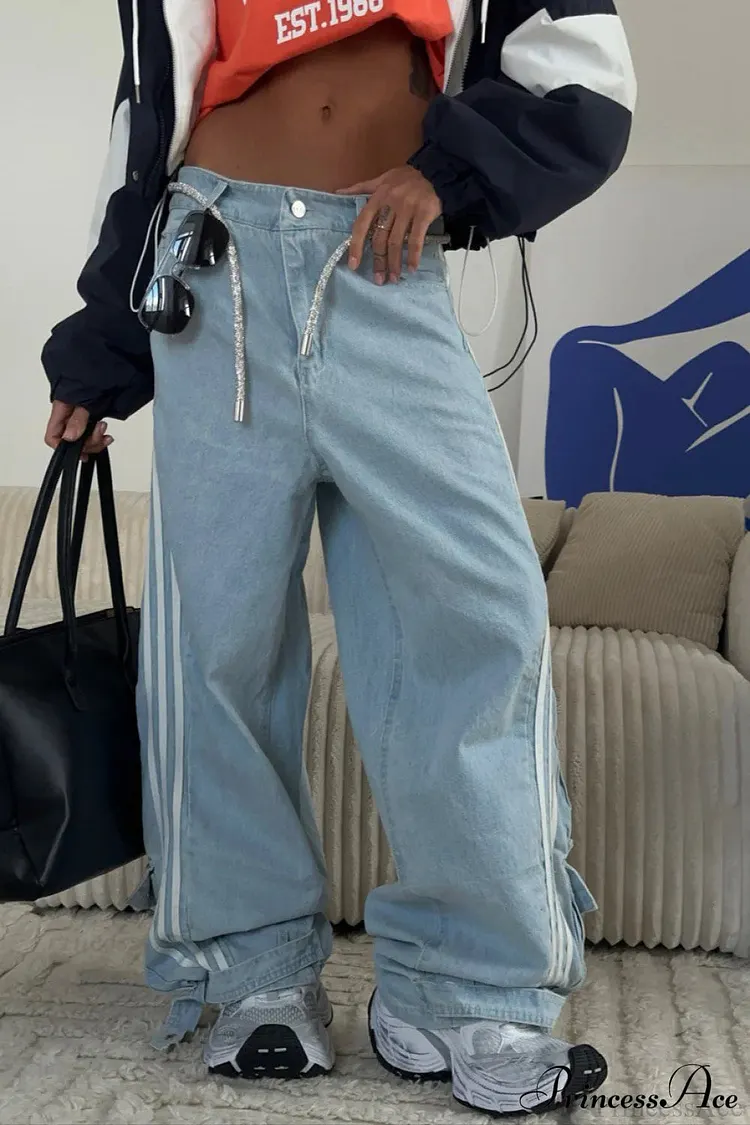 Low Waisted Striped Flowy Wide Leg Jeans