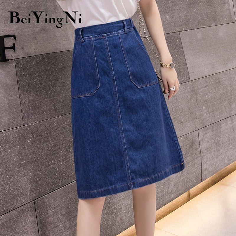 Beiyingni Blue Jeans Skirt Woman Large Size Korean High Elastic Waist Denim Saia Elegant Vintage Streetwear Faldas Cowboys S-5XL