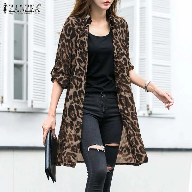 ZANZEA Women Long Sleeve Leopard Printed Baggy Blouse Fashion Button Down Cardigan Sheer Shirts Summer Casual Lapel Chemise